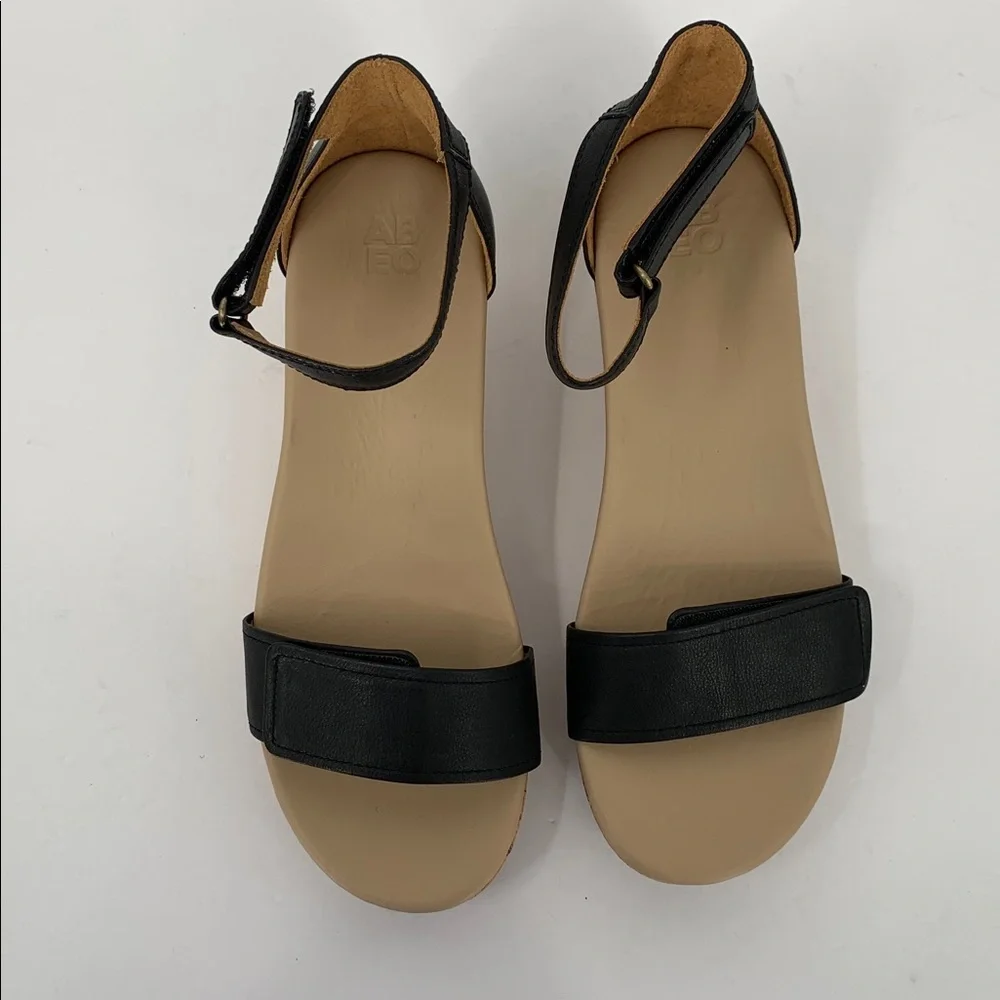 ABEO Cecile wedge espadrille sandals shoe black leather ankle strap comfort 9